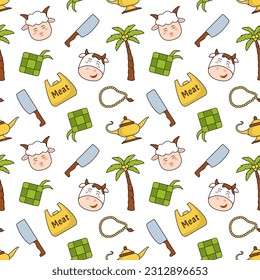 Happy Eid Al Adha Mubarak Seamless Pattern of Muslims Celebration with Sacrificial Animals in Template Hand Drawn Cartoon Flat Illustration