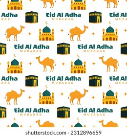 Happy Eid Al Adha Mubarak Seamless Pattern of Muslims Celebration with Sacrificial Animals in Template Hand Drawn Cartoon Flat Illustration