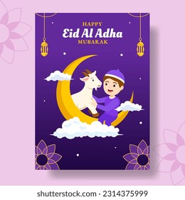 Happy Eid Al Adha Mubarak Vertical Poster Illustration Flat Cartoon Hand Drawn Templates Background