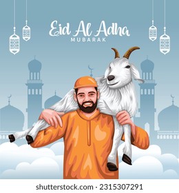 happy eid al adha mubarak A man carrying goat on his shoulders. abstract vector illustration design