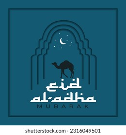 Happy Eid Al Adha Mubarak celebration banner and background illustration with moon camel