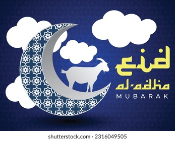Happy Eid Al Adha Mubarak celebration banner and background illustration with moon and goat