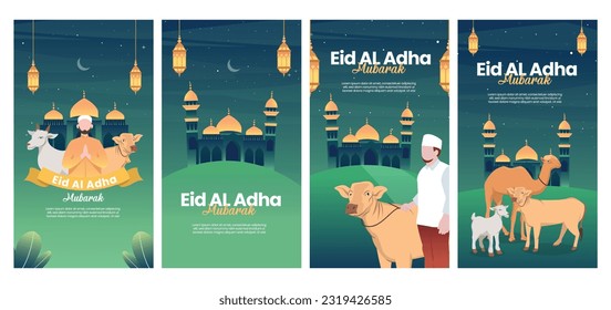 Happy Eid Al Adha Mubarak illustration with concept of man with sheep or cow on blue background for happy Eid Al Adha banners, templates and social media.