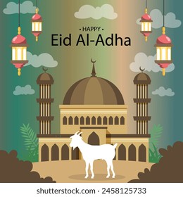 Happy Eid Al Adha mubarak celebration banner with moon and cow goat paper cut effect on blue night color background. Eid Al Adha Mubarak Muslim celebration day