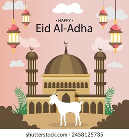 Happy Eid Al Adha mubarak celebration banner with moon and cow goat paper cut effect on blue night color background. Eid Al Adha Mubarak Muslim celebration day