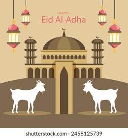 Happy Eid Al Adha mubarak celebration banner with moon and cow goat paper cut effect on blue night color background. Eid Al Adha Mubarak Muslim celebration day