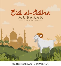 Happy Eid Al Adha Mubarak 1445H template design with goat and mosque cartoon illustration. Best choice for islamic days and celebration. Idul Adha 2024. Vector Illustration