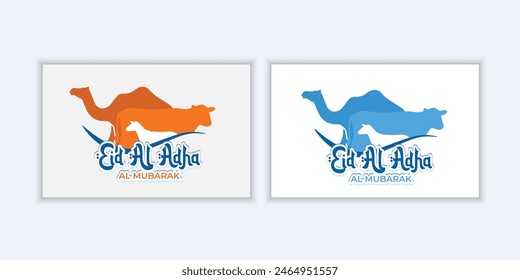 happy eid al adha mubarak with orange and blue color. Eid Al Adha mubarak with cute camel, cow and sheep animal, The holiday occurs after the culmination of the annual Hajj. Feast of the Sacrifice.