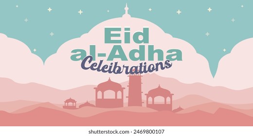 happy Eid Al Adha Mubarak festival Islamic banner design, holiday, Illustration, Printing, Typography, background vectors. Template design element for banner. EID Festival for all Muslim peoples.