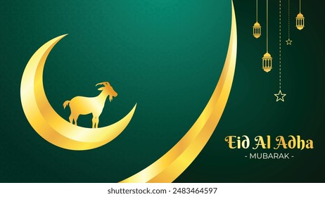Happy eid al adha mubarak background design. Eid al adha mubarak festival golden banner design. Qurban in eid al adha mubarak with crescent moon,sheep, stars and lanterns as background.
