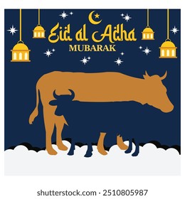 Happy Eid Al Adha Mubarak celebration banner with moon goat and cow paper cut effect on blue night background. flat vector modern illustration 