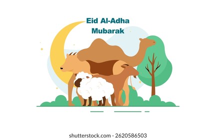 Happy Eid Al Adha Mubarak with Sacrificial Animals Illustration
