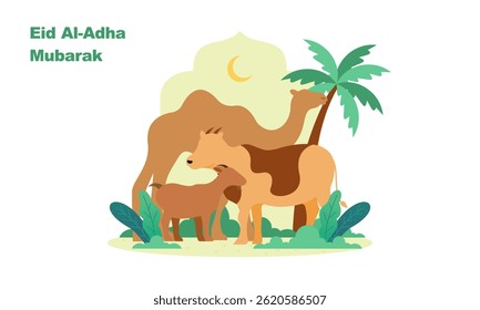 Happy Eid Al Adha Mubarak with Sacrificial Animals Illustration
