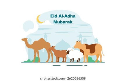 Happy Eid Al Adha Mubarak with Sacrificial Animals Illustration