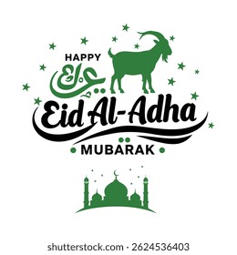 "Happy Eid Al Adha Mubarak with Goat, Mosque, and Arabic Calligraphy – Islamic Festival Design"