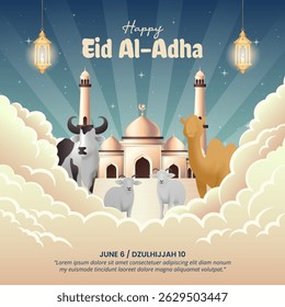 Happy Eid Al Adha Mubarak design with livestock and mosque