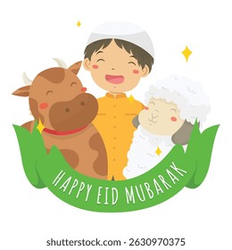 Feliz eid al adha mubarak fundo, menino muçulmano feliz com vaca e ovelha exploração animal vetor ilustração