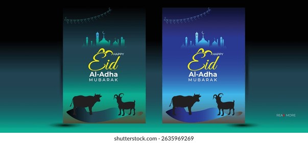 Happy Eid Al Adha Mubarak Greeting Card with Mosque and Sacrificial Animals