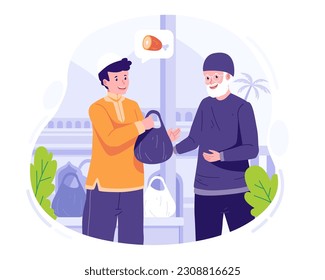 Feliz Eid Al Adha. Una persona musulmana da limosnas o una bolsa de plástico que contiene carne de sacrificio a los pobres o a los desfavorecidos. Ilustración vectorial