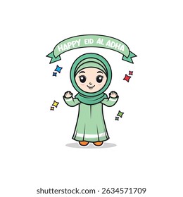 Happy Eid Al Adha with Muslim Girl Cartoon