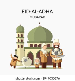 Happy Eid Al Adha, Sacrifice Celebration background with characters and mosque