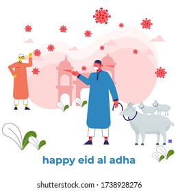 happy eid al adha with two character men and goat illustration greeting card with face mask to avoid covid19 or corona virus - lebaran haji - sacrifice - idul adha