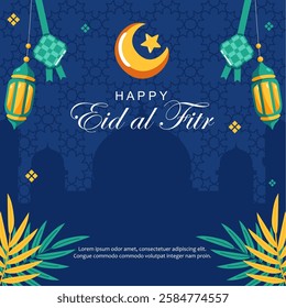 Happy Eid al Fitr 1446H 2025.  Eid Mubarak 1446H Greeting Design with Ketupat and Lantern Illustration on Islamic Pattern Background. Selamat Idul Fitri 1446 H Vector Illustration. 