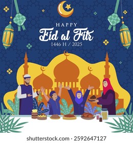 Happy Eid al Fitr 2025 Greeting With Asian Muslim Family Enjoying Delicious Cuisine in Joyful Atmosphere. Selamat Hari Raya Idul Fitri 1446 H Banner, Background,Template, Greeting. Vector Illustration