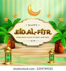 Happy Eid al fitr 3D realistic with Mosque, Crescent moon, Lantern and Podium. Suitable for Greeting card, Web Banner, Stage for Product promotion.
