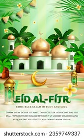 Happy Eid al fitr 3D realistic with Mosque, Crescent moon, Lantern and Podium Horizontal. Suitable for Greeting card, Web Banner, Stage for Product promotion.