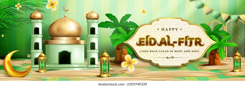 Happy Eid al fitr 3D realistic with Mosque, Crescent moon, Lantern and Podium. Suitable for Greeting card, Web Banner, Stage for Product promotion.