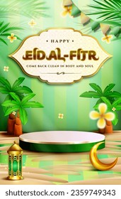 Happy Eid al fitr 3D realistic with Mosque, Crescent moon, Lantern and Podium Horizontal. Suitable for Greeting card, Web Banner, Stage for Product promotion.