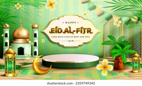 Happy Eid al fitr 3D realistic with Mosque, Crescent moon, Lantern and Podium. Suitable for Greeting card, Web Banner, Stage for Product promotion.