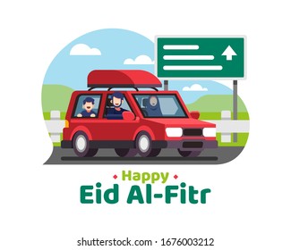 Happy Eid Al Fitr Background With Moslem Family Goes On Holiday Using A Car Vector