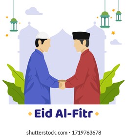 Happy Eid Al Fitr Background With Two Muslim Men Greet Each Other And Shake Hands Vector