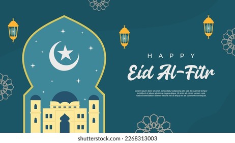 Happy eid al fitr background with mosque and lanterns.