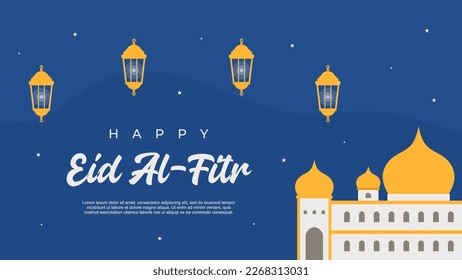 Happy eid al fitr background with lanterns and big mosque.