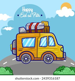 Happy Eid Al Fitr Background With Moslem Family Goes On Holiday Using A Car Vector