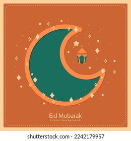 happy eid al fitr cartoon banner with cute lantern crescent moon background illustration 