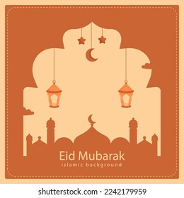happy eid al fitr cartoon banner with cute lantern crescent moon background illustration 