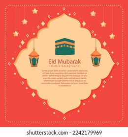 happy eid al fitr cartoon banner with cute lantern crescent moon background illustration 