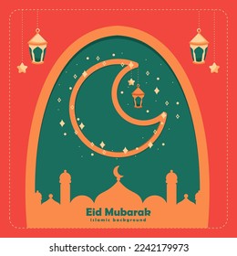 happy eid al fitr cartoon banner with cute lantern crescent moon background illustration 