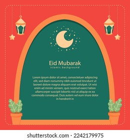 happy eid al fitr cartoon banner with cute lantern crescent moon background illustration 