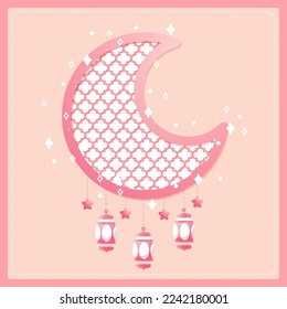 happy eid al fitr cartoon banner with cute lantern crescent moon background illustration 