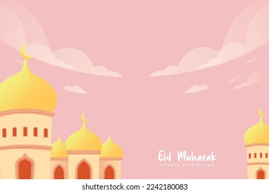 happy eid al fitr cartoon banner with cute lantern crescent moon background illustration 