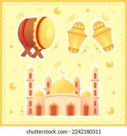 happy eid al fitr cartoon banner with cute lantern crescent moon background illustration 