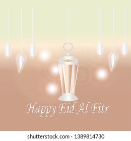 Happy Eid Al Fitr concept. Islamic vector template on rose quartz gradient background. The illustration is so luxury, beauty, and precious. For greeting card, poster,  wallpaper, and banner.