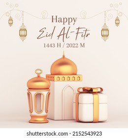 Happy Eid Al Fitr Design With Lamp and Squire Mosque White Concept Background