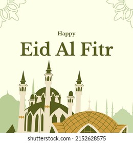 Feliz diseño plano de eid Al Fitr con mezquita y fondo verde