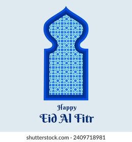 Happy Eid Al Fitr greeting template design suitable for social media, banner and greeting cards. Islamic background design in square orientation with blue traditional Arabic window frame